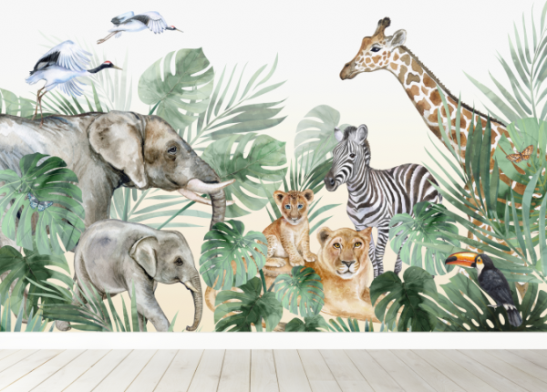 Safari dieren - behang kinderkamer - op muur